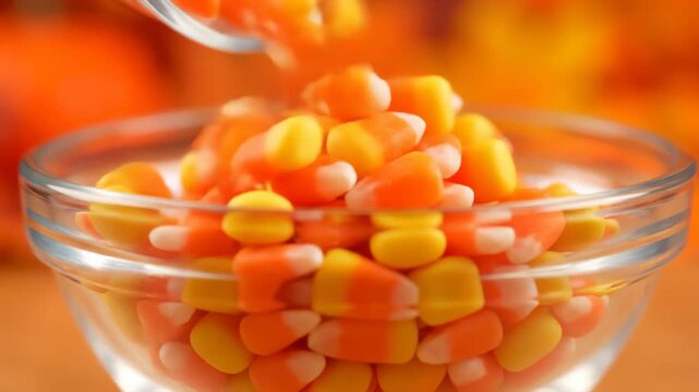 Pouring Halloween Candy Corn Into Glass Bowl