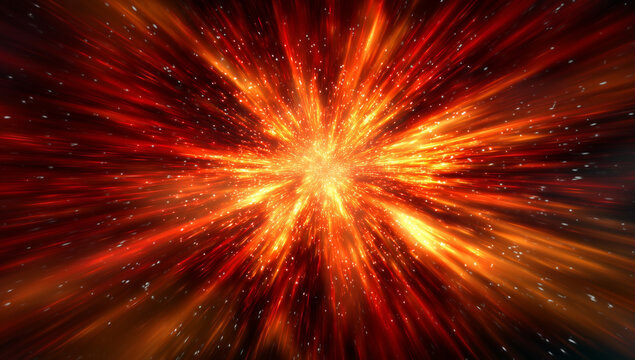 A fiery explosion of red and orange colors, abstract, Fiery explosion in space. Abstract fiery explosion of light with radiating beams and particles