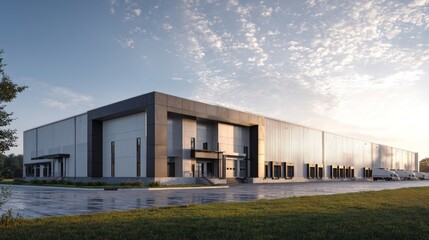 Obraz premium Modern warehouse building exterior with loading trucks and morning sunlight