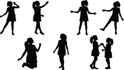 Obraz premium Children silhouettes in various poses, standing, walking, kneeling, gesturing, playful activity, ponytail girl, childhood motion, human body movement, interaction, education
