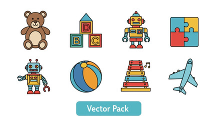 Colorful Vector Illustrations of Various Toys and Playful Objects