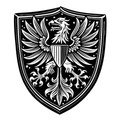 Black and White Heraldic Shield with Eagle and Sword.