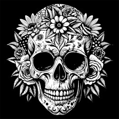 Floral Skull Illustration with Roses and Daisies in Black and White Style.