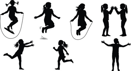 Children silhouettes jumping rope, running, clapping hands, playful activity, childhood motion, physical exercise, active lifestyle, fun, fitness, social interaction, study