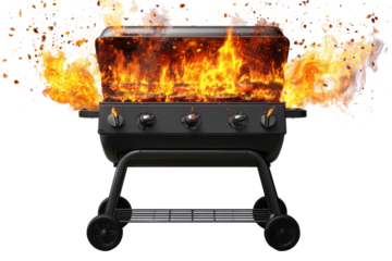 Barbecue grill engulfed in intense flames and smoke on a white background
