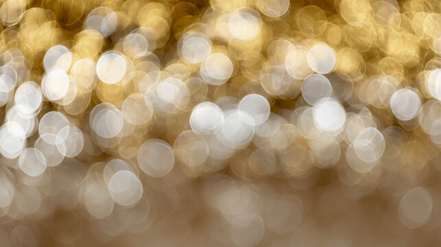 Abstract golden and silver bokeh background with soft blurred lights creating a festive atmosphere