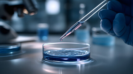 Obraz premium Investigación científica con pipeta dosificando líquido en placa de Petri en laboratorio moderno
