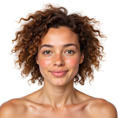 Young woman with curly hair smiling at the camera on a white background  