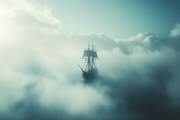 Historic Warship Navigating Through Dense Foggy Waters