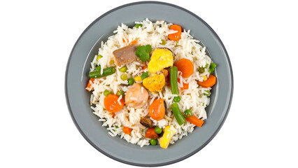 Delicious fried rice with vegetables chicken and eggs on plate