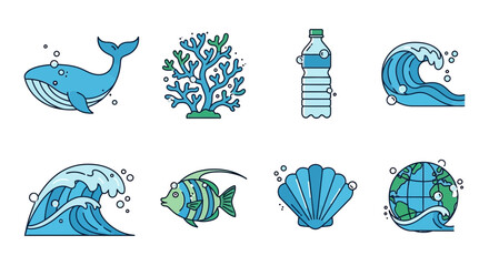Stylized Ocean Icons Depicting Marine Life Waves and Environmental Concerns