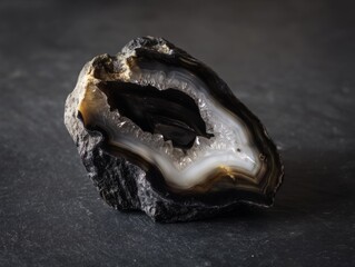 density. Macro view of a rough geode core in a polished shell on dark slate, dramatic side lighting. STEM education sheets.