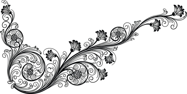 Black Decorative Flourish Swirl, Floral Corner Design on Transparent Background