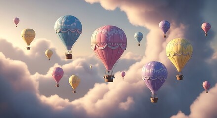 Fototapeta premium A whimsical collection of colorful hot air balloons floating serenely amidst soft, dreamlike clouds.