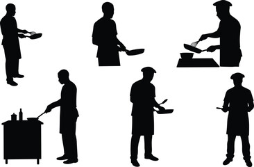 Cooking silhouettes, chefs with pans, people in aprons, frying food, kitchen activity, culinary lifestyle, black figures, professional cooking, home chef, meal preparation