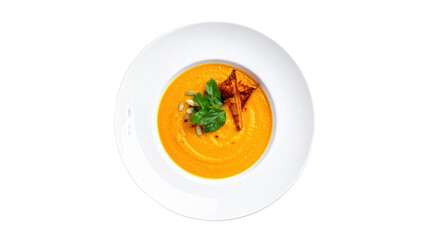 Creamy orange soup with croutons and parsley on plate