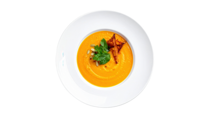 Creamy orange soup with croutons and parsley on plate