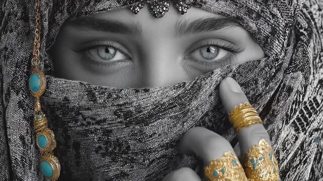 Striking close-up of a woman wearing a patterned headscarf and adorned with gold jewelry