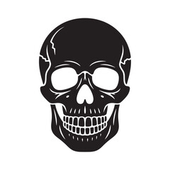 A stark black silhouette of a human skull with detailed bone structure and empty eye sockets against a white background