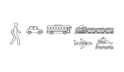 Collection of simple line art icons representing different modes of transportation