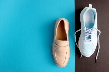 Casual shoes and sports shoes are displayed on blue and black backgrounds.