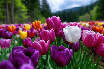 Colorful tulip garden blooms in springtime with vibrant petals under a cloudy sky