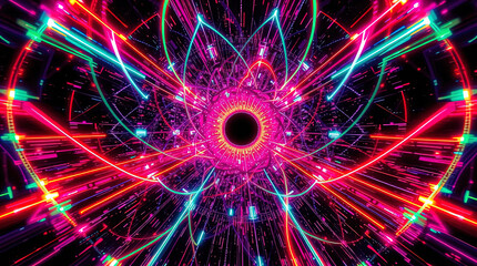Obraz premium a futuristic tunnel filled with neon lights of different colors, creating the effect of movement and speed, leading the viewer deeper, Colored neon stripes,