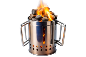Charcoal chimney starter with burning briquettes, isolated on a transparent background. png