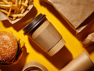 Neatly Arranged Fast-Food Spread with Burger Fries Coffee Cup