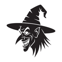Fearsome black silhouette of a wicked witch with a pointed hat and evil grin
