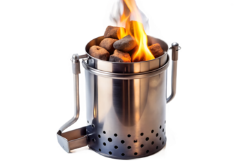 Charcoal chimney starter with burning briquettes, isolated on a transparent background. png
