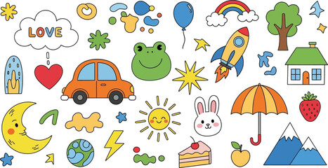 Obraz premium Colorful Cartoon Doodle Collection with Sun, Car, Rocket, Rainbow and More on White