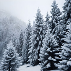 Vertical shot of snow covered trees in the mountains in winter