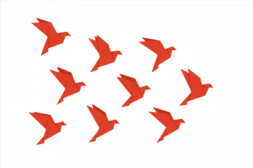 Red origami birds flying in a flock, representing freedom, peace, imagination, and movement on transparent background