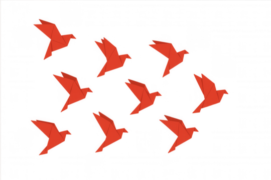 Red origami birds flying in a flock, representing freedom, peace, imagination, and movement on transparent background