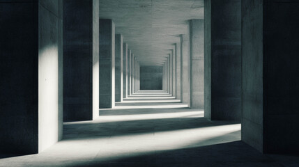 Fototapeta premium Concrete corridor with symmetrical columns and dramatic lighting creating a modern architectural space