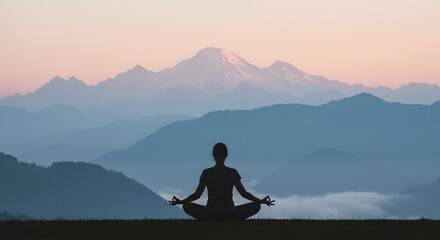A silhouette of a person meditating in a lotus pose against a serene mountain range at dawn.