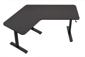 Black L shaped corner desk standing on transparent background