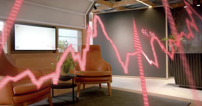 On second frame red holographic line graph sweeping across lounge chairs, showing numeric callouts