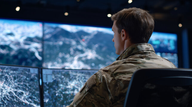 Army commander seated before dual surveillance displays showing heat maps and strategic terrain, darkened war room environment symbolizing security analysis