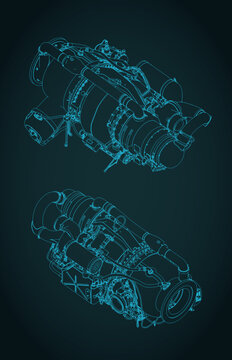 Aircraft gas turbine engine APU isometric blueprints