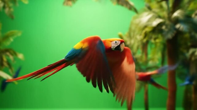 Scarlet macaw in flight with green background