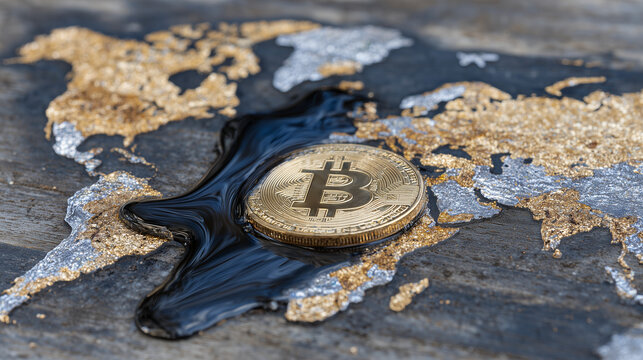 Golden Bitcoin covered in a stream of dark oil against a textured world map background, representing volatility in digital and energy markets