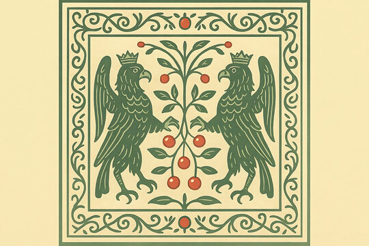 Slavic Mythology Alkonost Bird-Women in Ornamental Frame Vector Vintage Folk Art Square Design with Berries