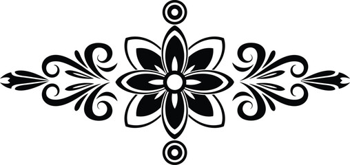 Decorative Floral Element with Swirls Black and White Isolated on White Background