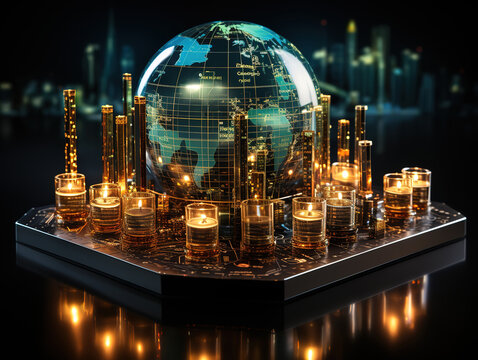 Financial concepts illustrated through diagrams on an abstract blue technology backdrop