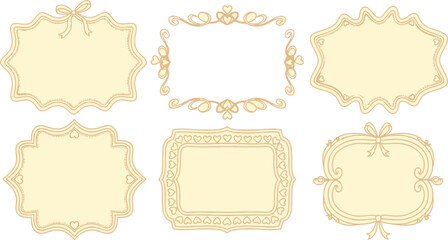 Decorative Frames Set with Hearts and Bows, Hand Drawn Vintage Style on White