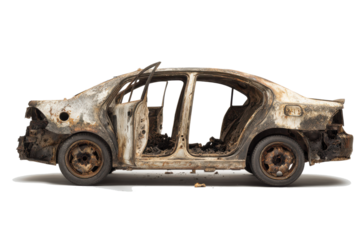 Completely destroyed and burned out car chassis with no windows or doors against a white background