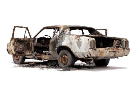 Burned out car with doors open on a white background