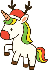 Cute Christmas Unicorn with Santa Hat and Reindeer Antlers.